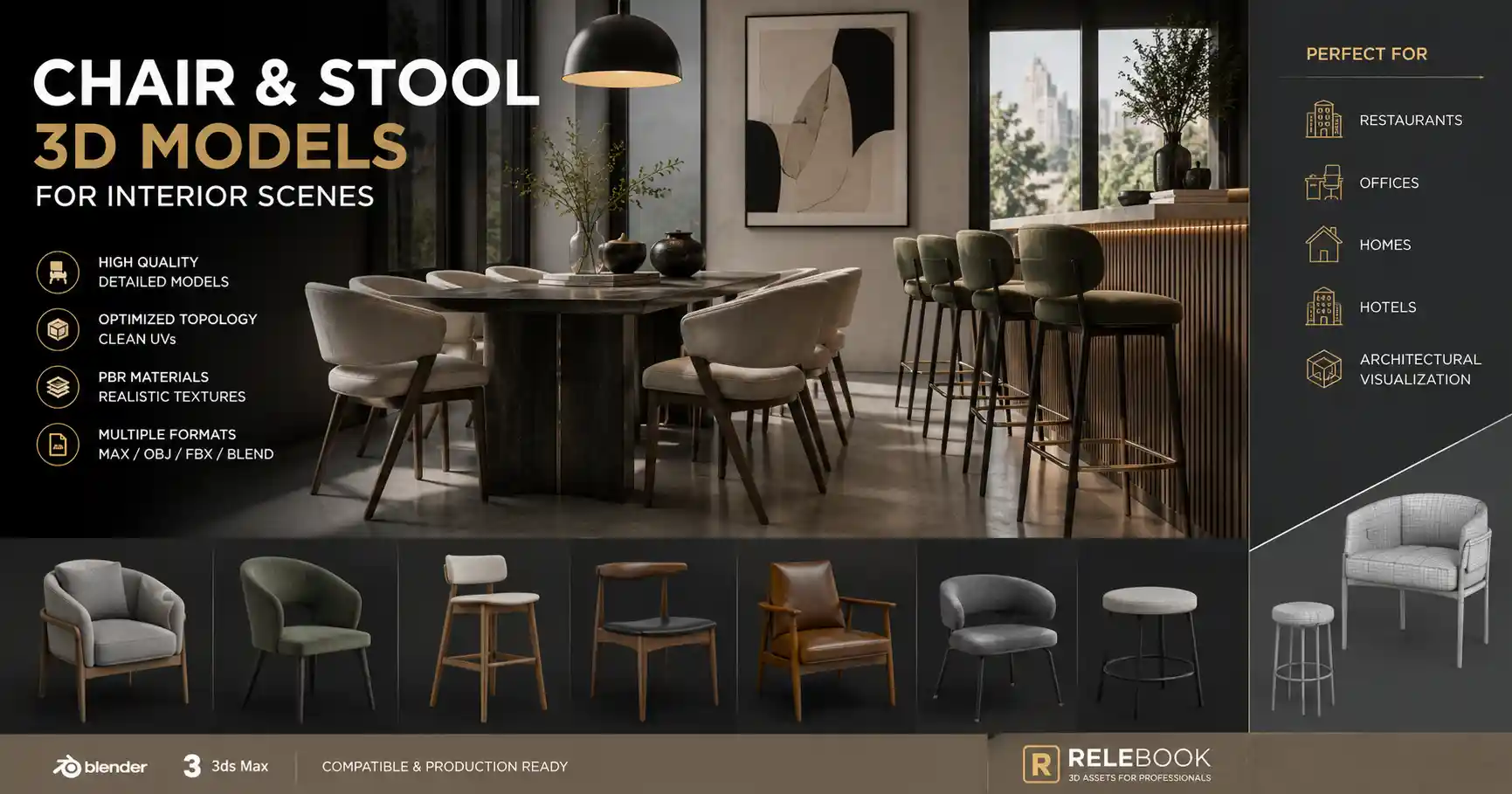 Chair and Stool 3D Models for Interior Scenes