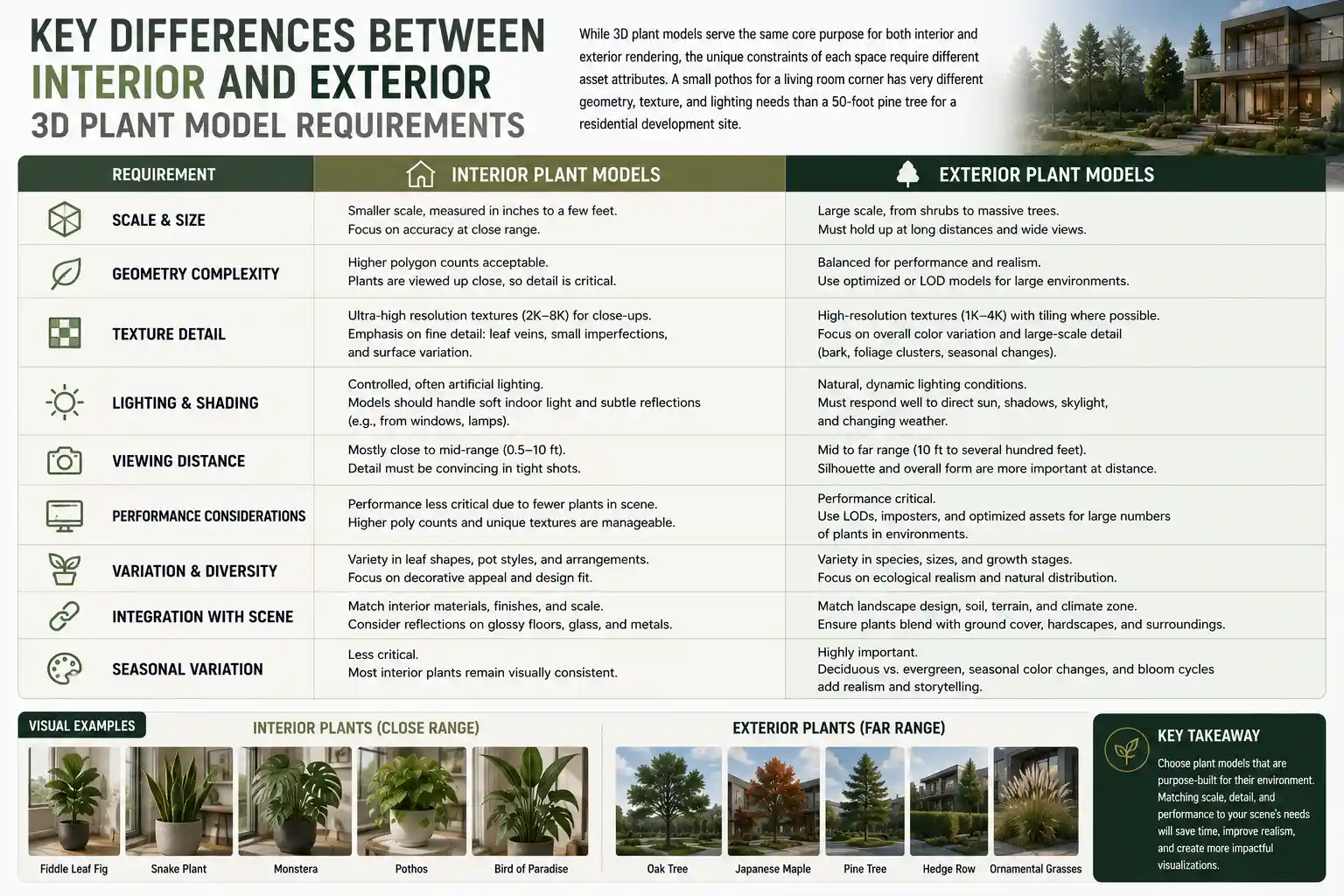 Key Differences Between Interior and Exterior 3D Plant Model Requirements